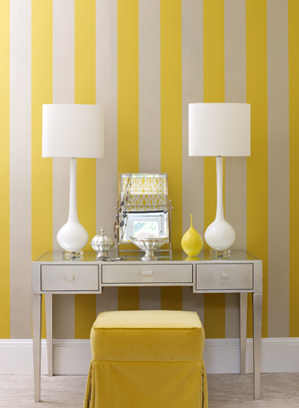 pink and white striped wallpaper. The stark white and yellow