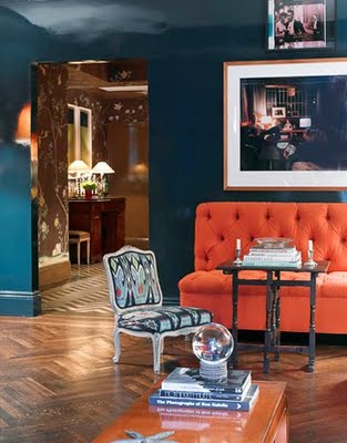 Miles Redd. The midnight blue lacquer wall in this sitting room is the perfect anecdote to the orange velvet tufted bench and high-sheen oak floors. Farrow and Ball has the best selection of midnight blue lacquer paint. This one called "Hague Blue" is a favorite of designer Miles Redd.
